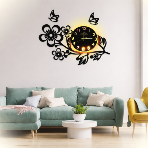 Flowers and Butterflies Wooden Wall Clock with light